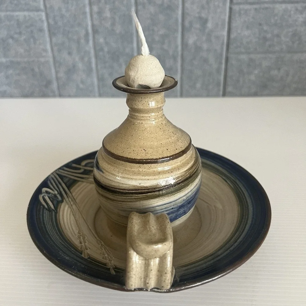 Vintage Studio Art Pottery Oil Lamp With Wick & Ball Candle Holder Signed